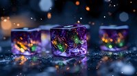 Glowing ice cubes with colorful rainbow lights inside on dark background with bokeh effect and sparkles, magical winter atmosphere for festive decoration.