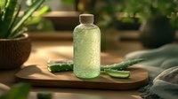 Fresh aloe vera juice in glass bottle with water drops and cut plant leaves on wooden tray, natural skincare and wellness concept in warm sunlight.