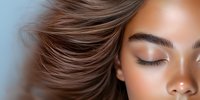 Young woman with closed eyes and flowing brown hair against light background, showcasing natural makeup and flawless skin texture for beauty and cosmetic advertising.