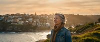 Mature woman with gray hair wearing denim jacket standing on coastal cliff overlooking river and suburban landscape at golden hour, suitable for lifestyle and travel content.