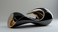 Sleek modern abstract sculpture in black and gold featuring fluid curved lines and smooth surfaces creates dramatic interplay of light and shadow on neutral background.