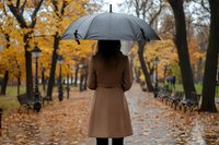 Woman in beige coat holding black umbrella walking alone in autumn park with fallen leaves, yellow trees and empty benches on rainy day.