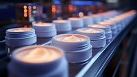 White cosmetic cream jars on production line with soft focus and warm lighting, conveyor belt manufacturing process in modern beauty industry facility.