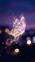 Glowing magical butterfly with sparkling light particles against purple twilight sky with bokeh lights creating dreamy fantasy atmosphere.