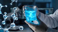 Scientist in laboratory holding glass beaker with blue chemical solution surrounded by molecular structure models for research and experimentation.