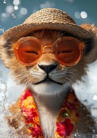 Red fox wearing summer straw hat and orange sunglasses with Hawaiian shirt, relaxed expression against bokeh background with water splashes.