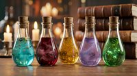 Five colorful potion bottles with cork stoppers containing magical elixirs in turquoise, red, amber, purple and green liquids on wooden table with books and candles.