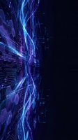 Abstract digital wave with glowing blue and purple particles flowing through circuit board patterns on dark background, suitable for technology and innovation concepts.