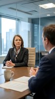 Professional businesswoman executive meeting with male colleague in modern corporate office conference room with city skyline view.