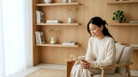 Woman with long dark hair, East Asian ethnicity, wearing a cream-colored sweater, sitting in a modern wooden chair while reading a book in a minimalist living room with wooden shelving and natural light.