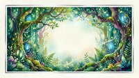 Enchanted forest frame with lush green foliage, magical lighting and natural archway creating mystical woodland border for fantasy storytelling and nature designs.