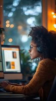 Young African American woman with curly hair wearing headphones and glasses works at computer in evening, orange sweater against bokeh lights background.