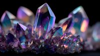 Iridescent purple crystal formation with rainbow reflections against black background, showcasing natural mineral growth structure for jewelry design inspiration.