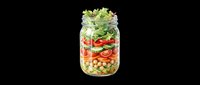 Layered salad in glass mason jar with fresh vegetables, chickpeas, and greens isolated on transparent background. Ready for clipart, print-on-demand, t-shirt design, and sublimation projects.