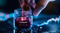 Coin dropping into glass jar labeled Investment with stock market chart background and glowing pink light effects, symbolizing financial savings and growth strategy.