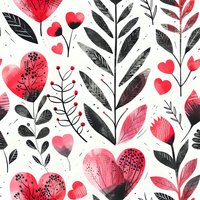 Romantic seamless pattern with watercolor red hearts and black leaves on white background. Floral love motifs repeat for fabric, wallpaper, and gift wrap designs.