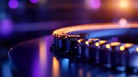 Curved line of glowing orange lights against dark purple background creates dramatic mood with selective focus and bokeh effect. Macro photography.