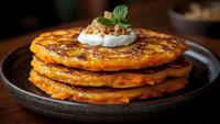 Golden sweet potato pancakes stacked on rustic plate with cream and mint garnish for breakfast menu and healthy cooking recipes.