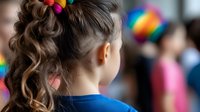 Young female with curly brown hair in ponytail and blue top shown from behind, with soft bokeh rainbow colors in blurred background creating dreamy atmosphere.