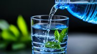 Fresh water pouring into glass with mint leaves creating dynamic splash, blue liquid stream against dark background with green accents and bokeh effect.