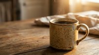 Warm morning coffee in rustic ceramic mug on wooden table with soft sunlight streaming through window creating cozy breakfast atmosphere for cafe branding.