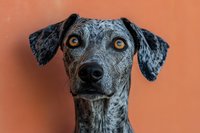 Portrait of attentive spotted dog with amber eyes and distinctive merle coat pattern against orange background, looking directly at camera with alert expression.