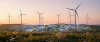 Solar panels and wind turbines in field during sunset creating sustainable renewable energy landscape for environmental power generation.