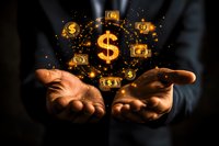 Male hands holding glowing golden dollar signs and banknotes with magical sparkles on dark background, representing wealth, success and financial prosperity.