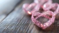 Pink glitter heart-shaped ornaments arranged on wooden surface with shallow depth of field, suitable for Valentine's Day designs, greeting cards, and festive decorations.