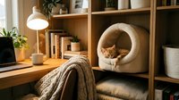 Cozy home office with a ginger cat resting in a round pet bed on a wooden bookshelf, warm lamp light, books, and plants nearby.
