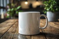 White ceramic coffee mug mockup on rustic wooden table with blurred cafe interior background. Natural lighting creates soft reflections on glossy surface.