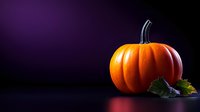 Fresh orange pumpkin with green leaf on dark purple background with dramatic lighting and copy space for seasonal autumn and Halloween designs.