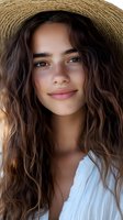 Young woman with wavy brown hair wearing straw hat smiling at camera with natural freckles and warm brown eyes in soft sunlight for summer lifestyle content.