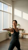 Young woman of mixed ethnicity performing a warrior pose during yoga or pilates session in bright, minimalist studio with natural light from large windows, potted plants, and wooden flooring for fitness and wellness content.