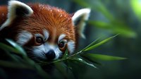 Curious red panda peeks through green bamboo leaves in natural habitat, showing distinctive facial markings and rust-colored fur against dark background.