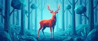 Majestic red deer stag with antlers standing in mystical blue forest with ethereal lighting and lush foliage for nature and wildlife designs.
