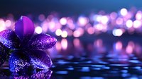 Purple glittering flower with water drops reflecting on dark surface against blurred bokeh lights background creating magical atmosphere.
