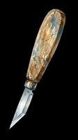 Watercolor wood carving knife with worn wooden handle, isolated on transparent background. Ready for stickers, print on demand, sublimation, and t-shirt design use.