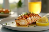 Grilled lobster tail served on white plate with melted butter, fresh herbs and lemon slice. Soft natural lighting creates appetizing mood for restaurant menu or cooking blog.
