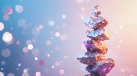 Magical glowing crystal stack with purple and orange hues against blurred bokeh background creates mystical atmosphere for spiritual and wellness designs.