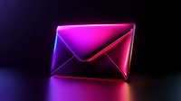 Glowing neon envelope icon with vibrant pink and blue light effects on dark background, modern digital communication concept for business designs.