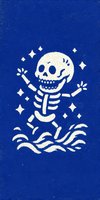 Cheerful dancing skeleton illustration on deep blue textured background with sparkling stars, perfect for Day of the Dead designs.
