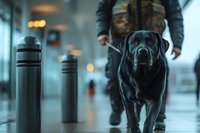 Black Labrador retriever walking with owner in urban environment near security bollards, moody evening lighting creates atmospheric street scene.