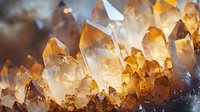 Glowing amber and clear quartz crystal formation with natural light illuminating translucent mineral structures in macro photography, showing geometric patterns.