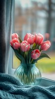 Pink tulips in turquoise glass vase on windowsill with cozy knitted blanket. Soft natural daylight creates romantic spring atmosphere for home decor and lifestyle design.