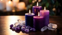 Purple candles burning with amethyst crystals and clear quartz stones creating peaceful meditation atmosphere for spiritual wellness and relaxation rituals.
