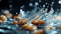 Fresh almonds with dynamic water splash and droplets creating artistic motion effect against dark background with bokeh lights. For food and beverage advertising.