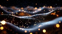 Glowing abstract wave pattern with bokeh light effects and sparkles on dark background creates magical atmosphere for festive designs.