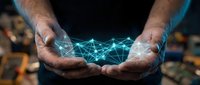 Male hands holding glowing digital network mesh, representing connectivity, technology innovation, and data exchange for business and communication concepts.
