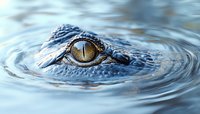 Close-up macro shot of yellow crocodile or alligator eye emerging from rippling blue water surface, showing detailed reptilian iris and scaly skin texture.